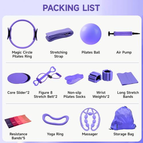 Pilates Equipment Kit for Home Workouts, 21 Pcs Set 14'' Pilates Ring, Complete Yoga Pilates Accessories with Wrist Weights, Core Sliders, Yoga Strap, Socks and Massage Ball - color: Purple