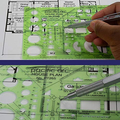 Pacific Arc House Plans Templates Guide, with Stairs, Doors, Plumbing, Kitchen Appliances, and Roof Pitch Gauge, Scale of 1/4 Inch to 1 Foot - style: House Plan