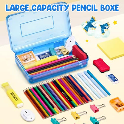 GAMENOTE Plastic Pencil Box with Personalized Sticker, Large Capacity, Blue | Kid Large Hard Pencil Case with Snap-tight Lid, Small Art Craft Storage Containers, School Supply Box for Boys, Girls - color: Blue