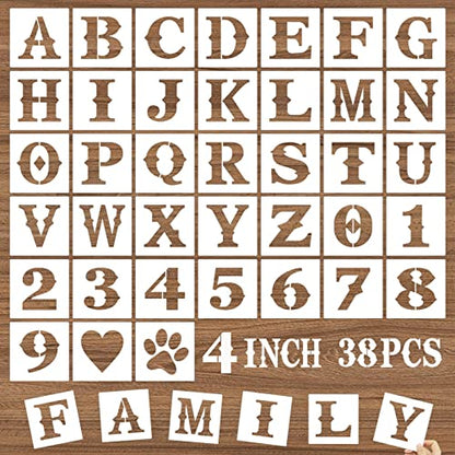 4 Inch Letter Stencils and Numbers, 38 Pcs Alphabet DIY Craft Stencils, Reusable Plastic Drawing Templates for Painting on Wood, Wall, Fabric, Rock, Floor, Signage, Door Porch - size: 4 Inch
