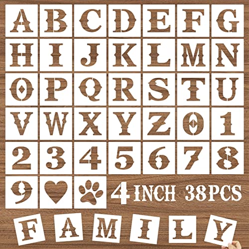 4 Inch Letter Stencils and Numbers, 38 Pcs Alphabet DIY Craft Stencils, Reusable Plastic Drawing Templates for Painting on Wood, Wall, Fabric, Rock, Floor, Signage, Door Porch - size: 4 Inch