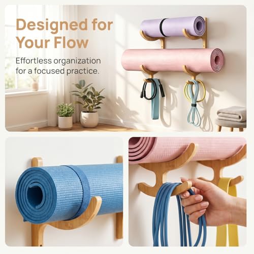 Wooden Yoga Mat Holder Wall Mount with 4 Hooks