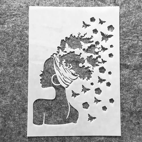 TIAMECH A4 Reusable Butterflies Hairstyle Girl Stencil for Painting | Fashion Earring Lady Layering Template, DIY Wall Art, Wood Furniture, Scrapbook & Crafts (8.3x11.7inch) - style: Butterflies Hairstyle Girl