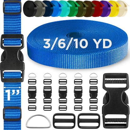 TECEUM 1" Nylon Strap Kit with Buckles, Simple Blue 6 yards Repair Set | Heavy duty hardware kit: 6yd webbing, 6 quick release buckles, 12 tri-glide slide clips, 6 metal D-rings for crafting. - color: Simple Blue, size: 1" - 6 yards, style: 6 Buckle - 12
