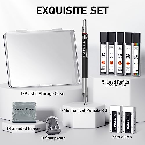 Four Candies 2MM Mechanical Pencil Set with Case, Metal, 60 Lead Refills | HB 2H 2B 4B Color graphite, with eraser, sharpener, leather case, for school writing, sketching, art drawing & drafting - size: 9 Piece Set