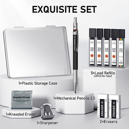 Four Candies 2MM Mechanical Pencil Set with Case, Metal, 60 Lead Refills | HB 2H 2B 4B Color graphite, with eraser, sharpener, leather case, for school writing, sketching, art drawing & drafting - size: 9 Piece Set