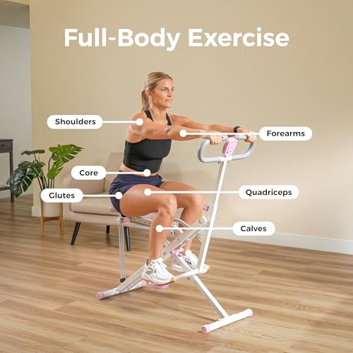 Sunny Health & Fitness Smart Row-N-Ride Glute & Leg Trainer, Foldable Squat Assist Rower with Exclusive SunnyFit App Connection - color: Pink