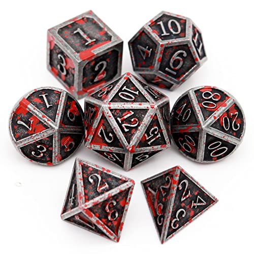 Haxtec Metal DND Dice Set, 7 Pcs Bloodstained Polyhedral Dice for RPG | Blood D&D Dice with Leather Bag, Compatible with Dungeons and Dragons, Heavy Metallic, Halloween Dice, TTRPG Gifts - color: Iron Red