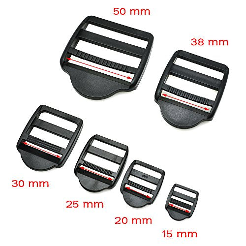20pcs Ladder Lock Slider Buckles, Black Plastic Belt Buckle, 15-50mm Multi-Size Pack for Outdoor Backpack Gear - size: Webbing Size 20mm
