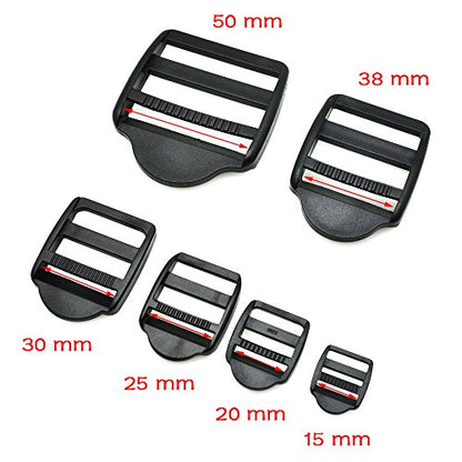 20pcs Ladder Lock Slider Buckles, Black Plastic Belt Buckle, 15-50mm Multi-Size Pack for Outdoor Backpack Gear - size: Webbing Size 20mm