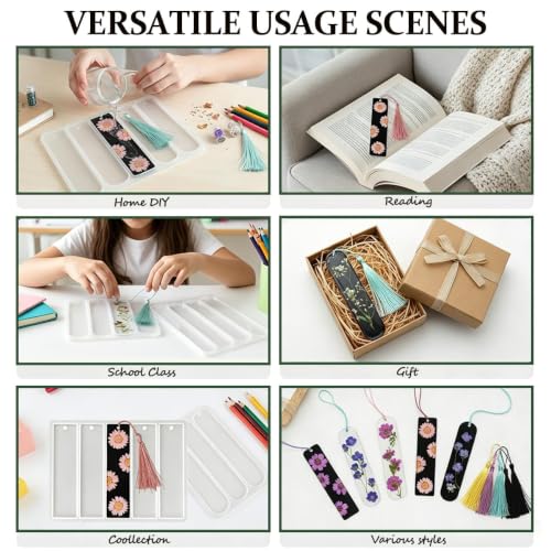 3PCS Shiny Silicone Bookmark Molds, Rectangle Resin Bookmark Molds in Small & Medium Sizes with Tassel Accessories, Perfect for DIY Resin Bookmarks