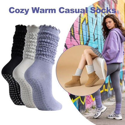 Pilates Grip Socks for Women, Non Slip Scrunch Yoga Socks for Home, Workout - color: 3pairs-black+lightgrey+purple