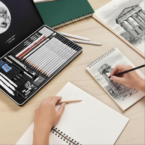 Drawing Sketching Pencil Set, 33 PCS Graphite and Charcoal Pencils with Blending Stumps, Erasers, Art Knife & Pencil Extender in Metal Box, Artist Sketching Supplies for Drawing & Shading - style: 33 Pcs