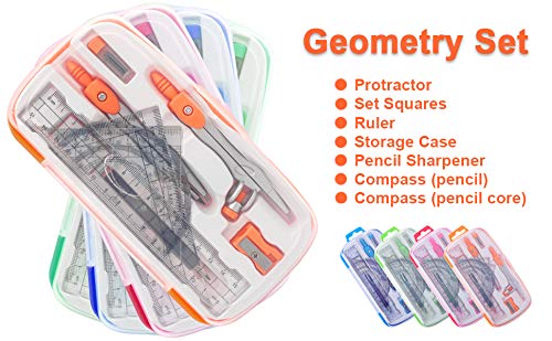 Akuoly Geometry Compass Set 2 Drafting Compasses with Maths Protractor Set Squares Ruler and More for Students Starters Homework etc. Orange