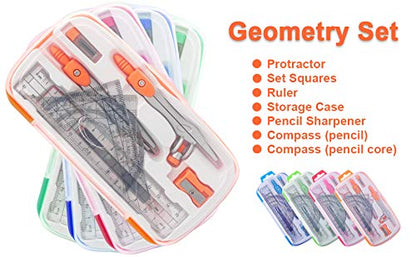 Akuoly Geometry Compass Set 2 Drafting Compasses with Maths Protractor Set Squares Ruler and More for Students Starters Homework etc. Orange