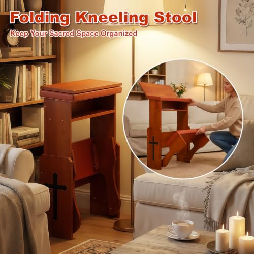 Fanwer Folding Prayer Kneeler Bench, Adjustable Wooden with Bookshelf | Compact kneeling altar for church chapel, home devotion & meditation, portable prayer stool