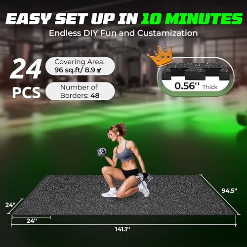 PRAISUN 0.56" Rubber Top Gym Flooring, Heavy Duty Gym Mats for Home Gym | Non-Slip Interlocking Workout Mat, 24 x 24in Large Gym Floor Mat, Protect Floors from Equipment, 96 Sq Ft, Black/Grey - size: 24 Tiles (96 Sq Ft)