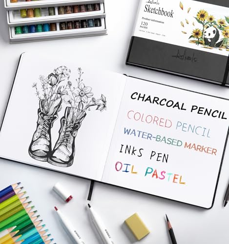 Sketchbook for Drawing, 120 Pages Sketch Book, 122LB/180GSM Thick Paper | Mixed Media Sketchbook for Charcoal Pencil, Inks Pen, Colored Pencil, Acrylic Marker, Oil Pastel - color: Back, size: Small 2 PACK (5.5×5.5INCH)