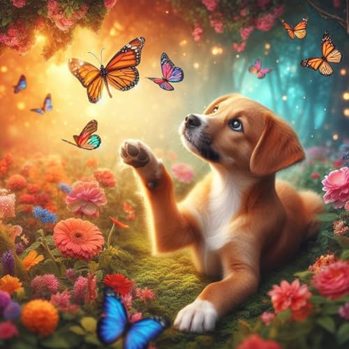 WSLWXSHM Diamond Painting Kits for Adults Dog, Butterfly Round Full Drill Diamond Art Kits, 5D DIY Paint with Diamonds Crafts for Home Wall Decoration Gifts 12×12Inch, Animal - color: Multicolor