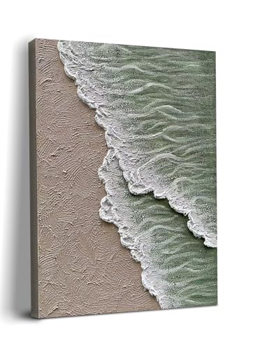NANKAI Art Hand-painted white and green thick texture abstract oil painting Waves beach landscape oil painting home wall decoration art 40x28 Inches - color: NKHB248