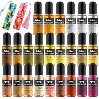 Metallic Alcohol Ink Set - 24 Colors, 10ml Each, Shimmer Mixatives for Resin, Yupo, Coaster, Painting, Tumbler Cup Making