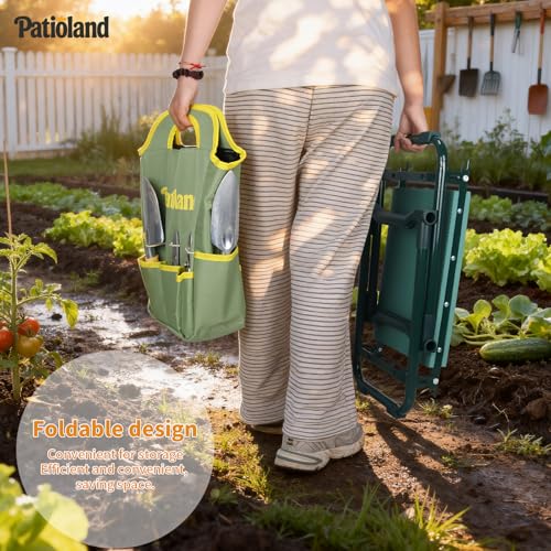 Garden Kneeler and Seat, Gardening Workseat with Tool Pouch and HandBag - color: Green-modle C