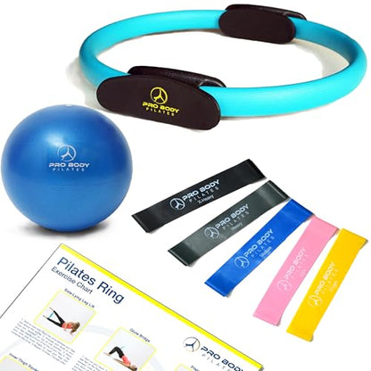 ProBody Pilates Home Workout Bundle (3pcs) - 14" Magic Circle, 9" Mini Exercise Ball and 5 Resistance Bands Bundle for Stability, Barre, Yoga, Core Training and Physical Therapy