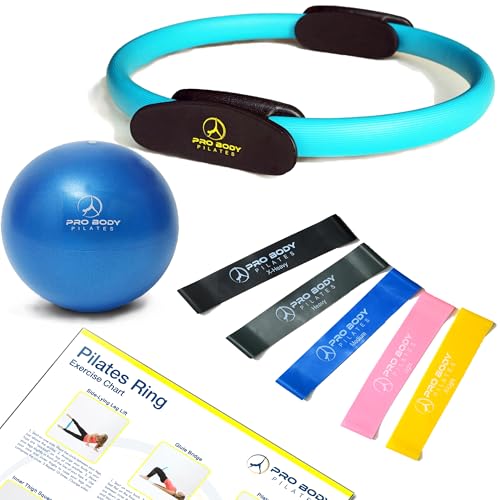 ProBody Pilates Home Workout Bundle (3pcs) - 14" Magic Circle, 9" Mini Exercise Ball and 5 Resistance Bands Bundle for Stability, Barre, Yoga, Core Training and Physical Therapy