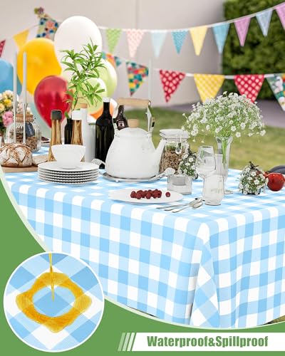 Smiry 8 Packs Gingham Disposable Table Cloth, 54 x 108 Inch Waterproof Plastic Tablecloth, Rectangle Baby Blue and White Checkered Table Covers for Picnic, Birthday, Party - color: Baby Blue and White, size: 54"x108" (Pack of 8)