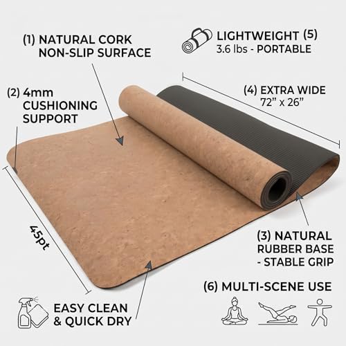 Cork Yoga Mat 4mm Thick Cushioning High Density Natural Rubber Pilates Exercise Pad with Carrying Strap 72 x 26 Inch for Home Gym