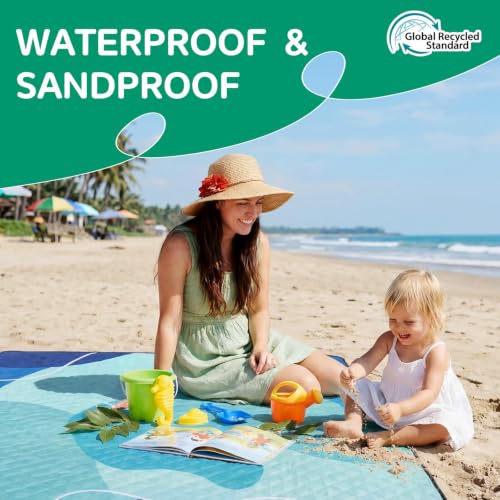 RYCHIC Waterproof Beach Blanket Picnic Outdoor Camping Mat Rug Oversized Extra Large Foldable Sandproof Sand Free Big XL Giant Towel Hawaii Honeymoon Essentials Women Summer Must Have Vacation Gift - color: Abstract Aqua