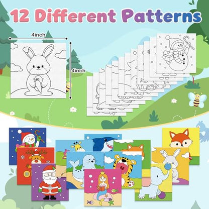 Anseal 12 Packs Pre Drawn Canvas to Paint, 4" X 4" Animal Pre-Printed Canvas Paint Party, Stretched Outline Painting Boards for Beginners, Party Favor - style: Animal2