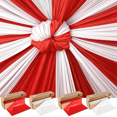 4 Rolls 100FT x 54IN Circus Plastic Tablecloth Roll with Slide Cutter Box | Heavy Duty White & Red Solid Color Disposable Table Cover Wall Backdrop, Cut-to-size for Halloween, Carnival & Party Buffets - color: White,red, size: 4800" x 54" (Rectangular)