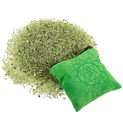 SUNYIK Natural Peridot Tumbled Chips Stones with Heart Chakra Pillow | 0.5LB/230g Crushed Crystal Quartz Chips for 7 Chakra Healing Meditation Yoga Reiki Energy Balancing - color: Green/Green-3