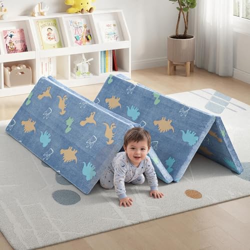 MeMoreCool Kids Floor Mattress, 48x72 Inch Foldable Play Mat, Dinosaur - color: Denim Dinosaur