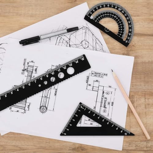 5Pcs Metal Geometry Set, Math Drafting Ruler Kit Aluminum Triangle Rulers Metal Ruler Drafting Tools, Metal Triangular Scale Ruler Set, Protractor, 6/8 Inches Drawing Ruler for Architect Engineer