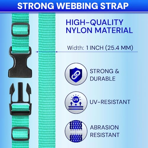TECEUM 1" Nylon Strap Kit with Buckles, Turqouise 6 yards Repair Set | Heavy duty hardware kit: 6yd webbing, 6 quick release buckles, 12 tri-glide slide clips, 6 metal D-rings for crafting. - color: Turqouise, size: 1" - 6 yards, style: 6 Buckle - 12 Slid