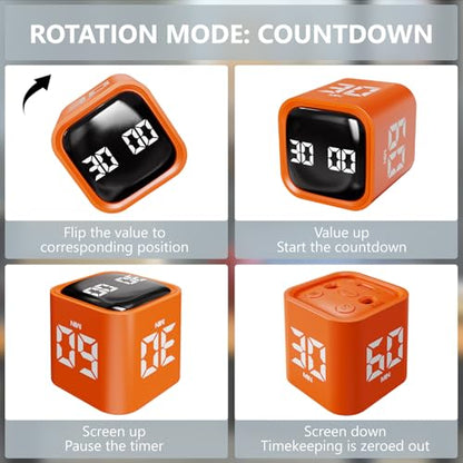 GuDoQi Multi-Function Cube Timer, 5/10/30/60 Min & Custom Count Down, Included Pause & Resume Feature, Silent, Vibrate & Adjustable Sound Alarm for Productivity in Tasks, Study & Kitchen, Orange - color: Orange