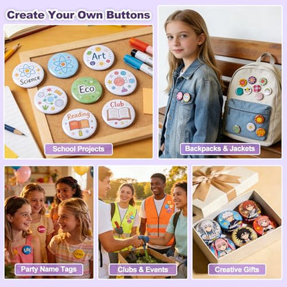 Happizza Button Maker Machine 58mm/2.25in, Pin Maker Machine Kit with 30 Buton Parts, DlY Badge Maker, Purple Button Press Machine, Perfect Beginner Experience Kit, Ideal for School, Parties, Events - color: Purple
