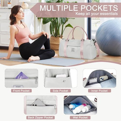Gym Bag for Women Men with Shoes Compartment,Sports Duffle Bag Personal item travel Duffel Bags Tote Bag Small Carry on Weekender Overnight Bag Workout Dance Bag Hospital Holdalls Grey Pink - color: A11-Grey Pink