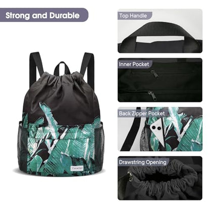 Waterproof Drawstring Backpack Sports Gym Sackpack with Mesh Pockets Water-Resistant String Cinch Beach Bag for Men Women - color: Print - Black Leaves