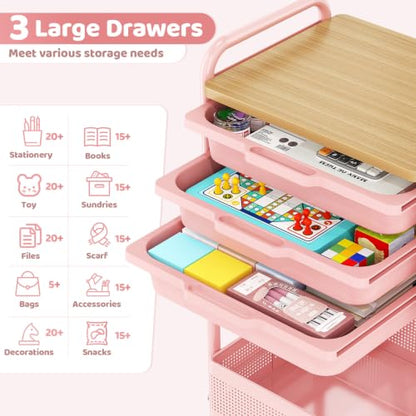 KINGRACK 3 Tier Rolling Cart with Drawer, Metal Utility Storage Cart, Pink | 3 Drawers, Pegboard & Wood Tabletop, Lockable Wheels, 4 Hooks & 1 Bin, for Living Room,Bedroom,Craft Room,Office,Kids Room - color: Pink