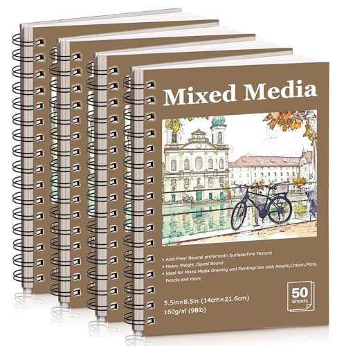 4 Pack Mixed Media Sketchbook, Spiral Bound, 200 Sheets Small Sketchbooks | 160gsm Acid-Free Paper, 5.5 x 8.5 Sketchbook Ideal for Dry Media, Bleed-Resistant, Portable Size, Lays Flat for Drawing - color: landscape, size: 5.5 x 8.5 inch (4 pack)