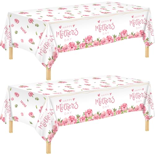 Kochorie 2 Pack Mother's Day Tablecloths 108 x 54 Inch Happy Mother’s Day Table Covers Disposable Waterproof Plastic Tablecloth for MOM's Day Party Supplies Home Outdoor Dining Table - style: Mother's Day