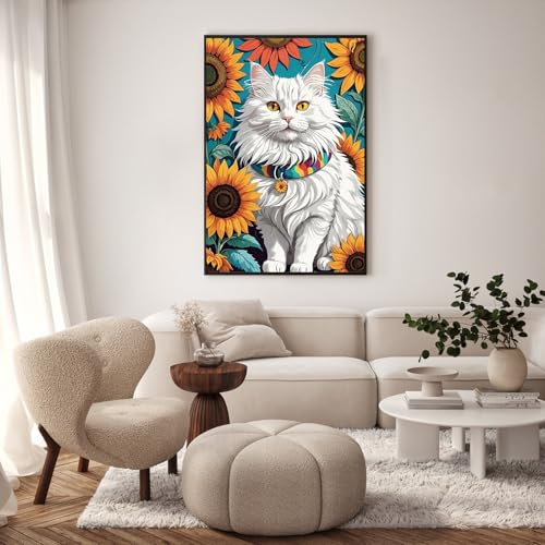 GEEHEIY Framed Paint by Numbers Kit for Adults, Cat Sunflowers, 8 x 12 Inch | DIY Adult Paint by Number Kit for Beginners, Cat Wall Decor, Stress Relief Craft Gift, Creative Hobby - color: TRTD1PF311