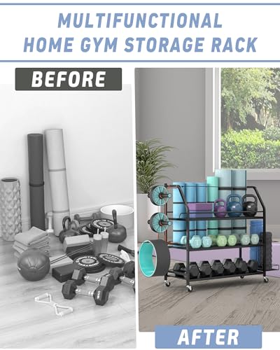 Weight Rack for Dumbbells - Home Gym Storage Rack - Dumbbell and Weight Organizer with 4 Flexible Wheels and Unique Storage on Both Sides