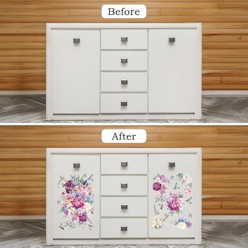 Joeyan Floral Rub On Transfers for Furniture and Crafts, 2 Large Watercolor Peony Design Sheets 12''x18'', DIY Home Decal on Wood Glass Metal Canvas Porcelain Paper Plastic, Pink and Purple - style: Pink and Purple Peony