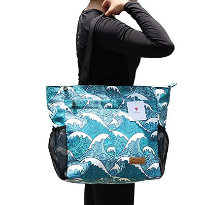 ESVAN Original Floral Tote Bag Large Shoulder Bag with Multi Pockets for Gym Travel Beach Daily Bags - color: A Wave