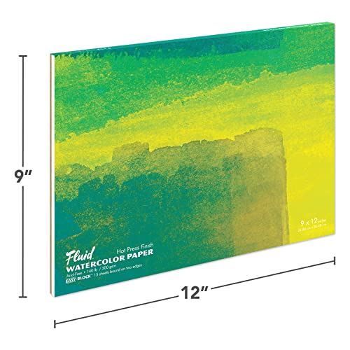 Fluid Artist Watercolor Paper Block, 9 x 12 inches, 15 White Sheets, 140 lb (300 GSM) Hot Press Pad for Painting and Wet Media - size: 9 x 12