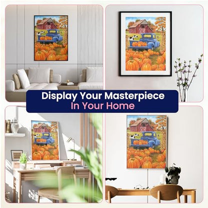 Modern Merch Truck Diamond Art Kits for Adults Fall Pumpkin Patch, Autumn Landscape Farm 5D Diamond Painting for Adults Dog and Truck, DIY Fall Wall Art Cross Stitch Gem Art, Full Round Drill 12x16in - color: Pumpkin Patch